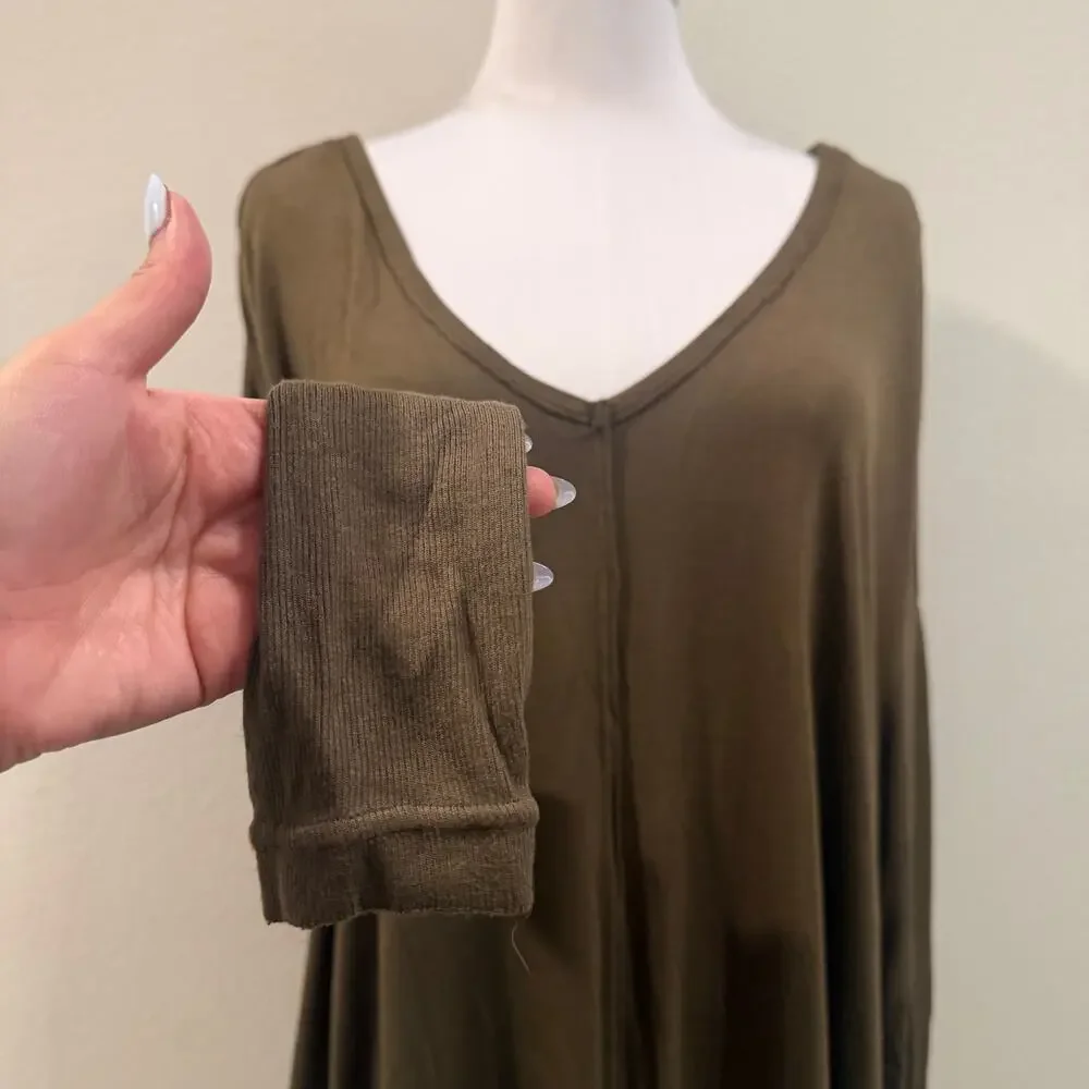 Free People Olive Green Moonshine V Neck Long Sleeve Tunic Top Oversized XS